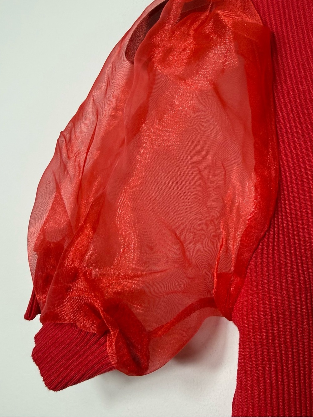 Balboa Red Ribbed Knit Zip Front Organza Puff Sleeve Top M Y2K Coquette - Picture 3 of 6